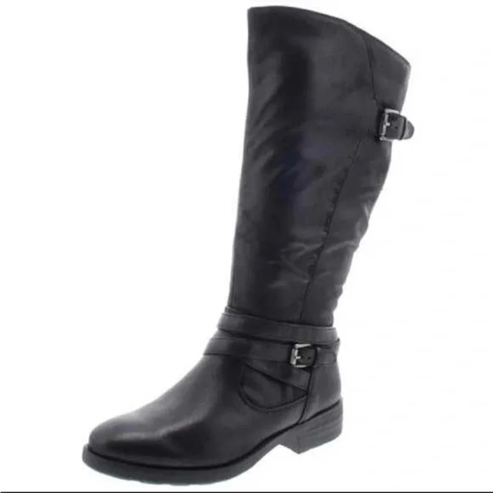 Baretraps Alysha Black Knee High Riding Boots Size 6.5 Buckle Straps‎ NEW